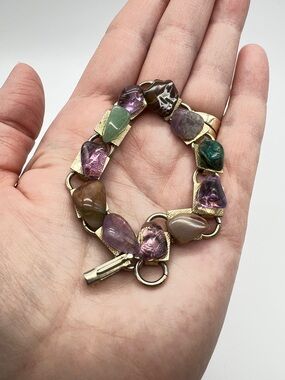 VTG Multicolour Semi-Precious Gemstone Link Bracelet on Gold-Tone